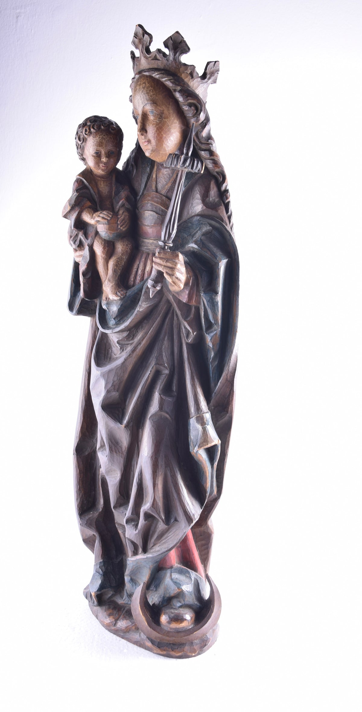 Madonna z dzieckiem drewniana rzeźba wisząca Dufner II poł XX w. 73x20cm