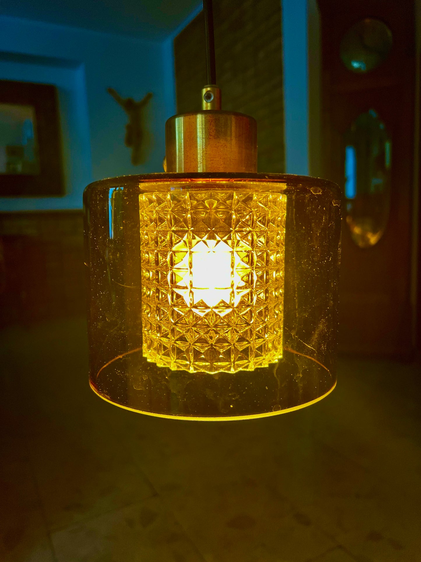 Lampa wisząca kpl 3 szt szkło miodowe kryształowy wkład lata 60/70 15x18 cm
