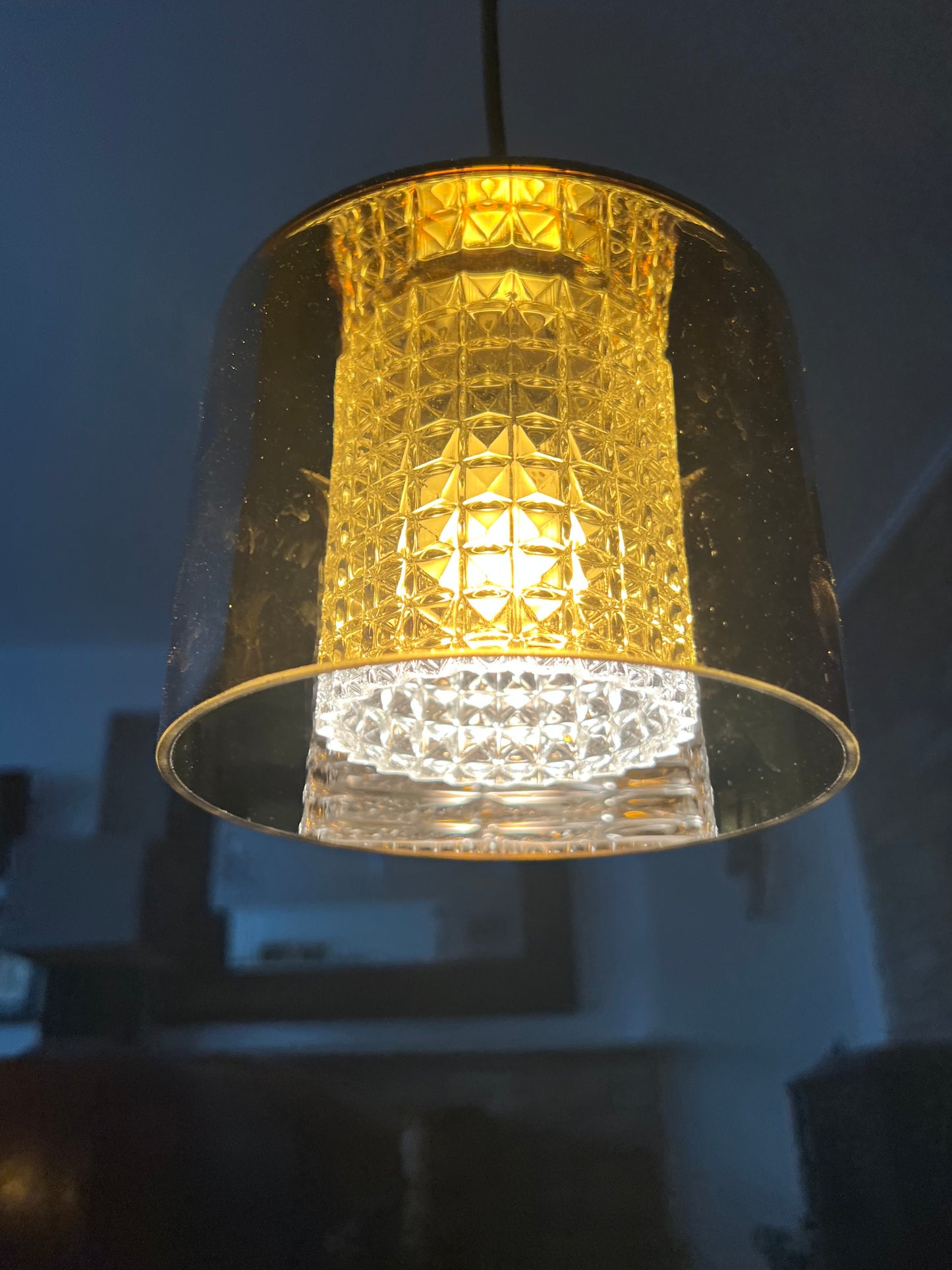 Lampa wisząca kpl 3 szt szkło miodowe kryształowy wkład lata 60/70 15x18 cm
