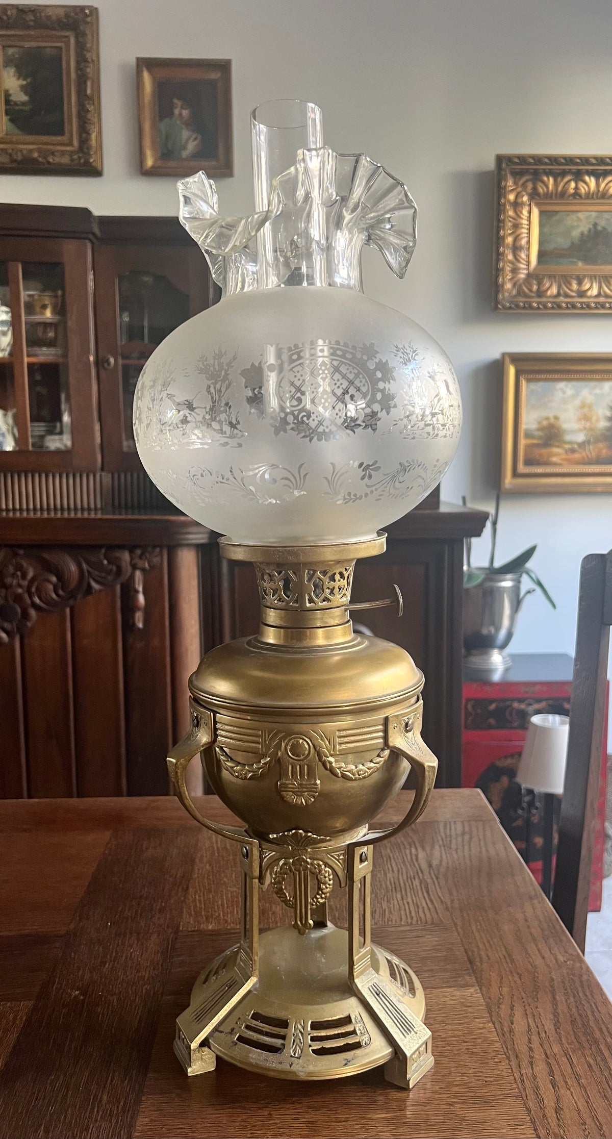 Lampa Naftowa EMPIRE XIXw Klosz MYŚLIWSKI Jeleń Pies 100% Oryginał 58x20 cm