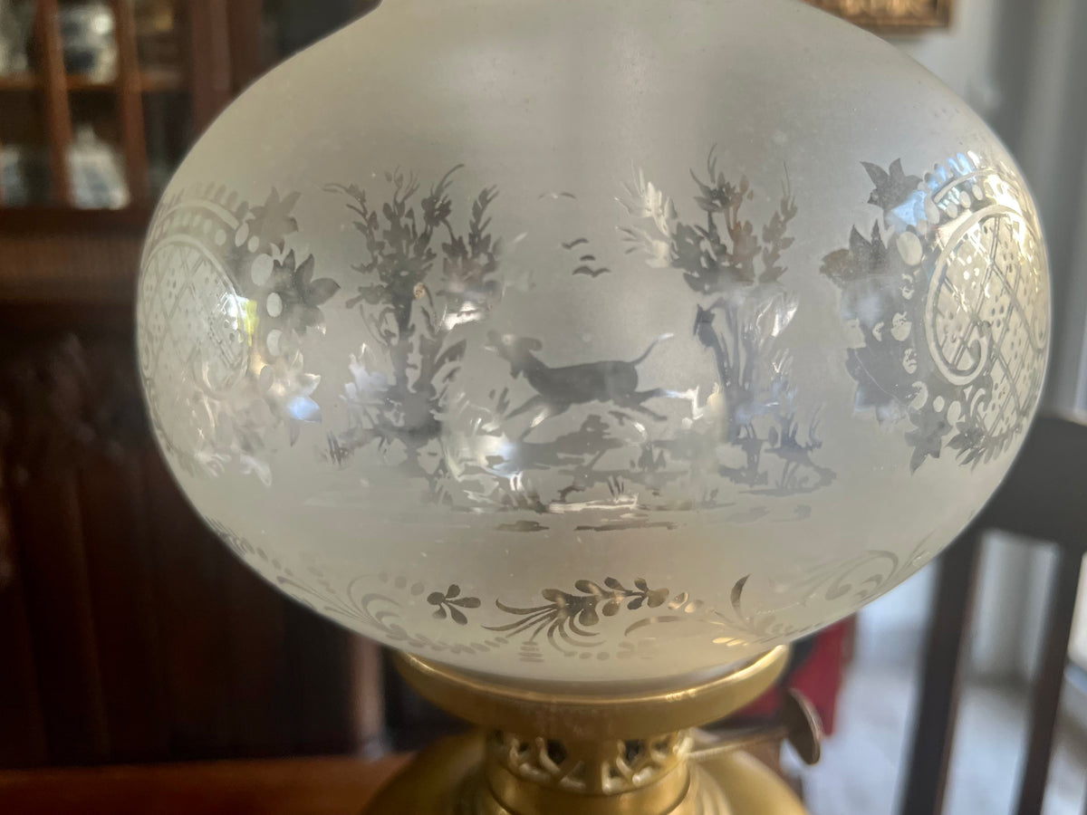Lampa Naftowa EMPIRE XIXw Klosz MYŚLIWSKI Jeleń Pies 100% Oryginał 58x20 cm
