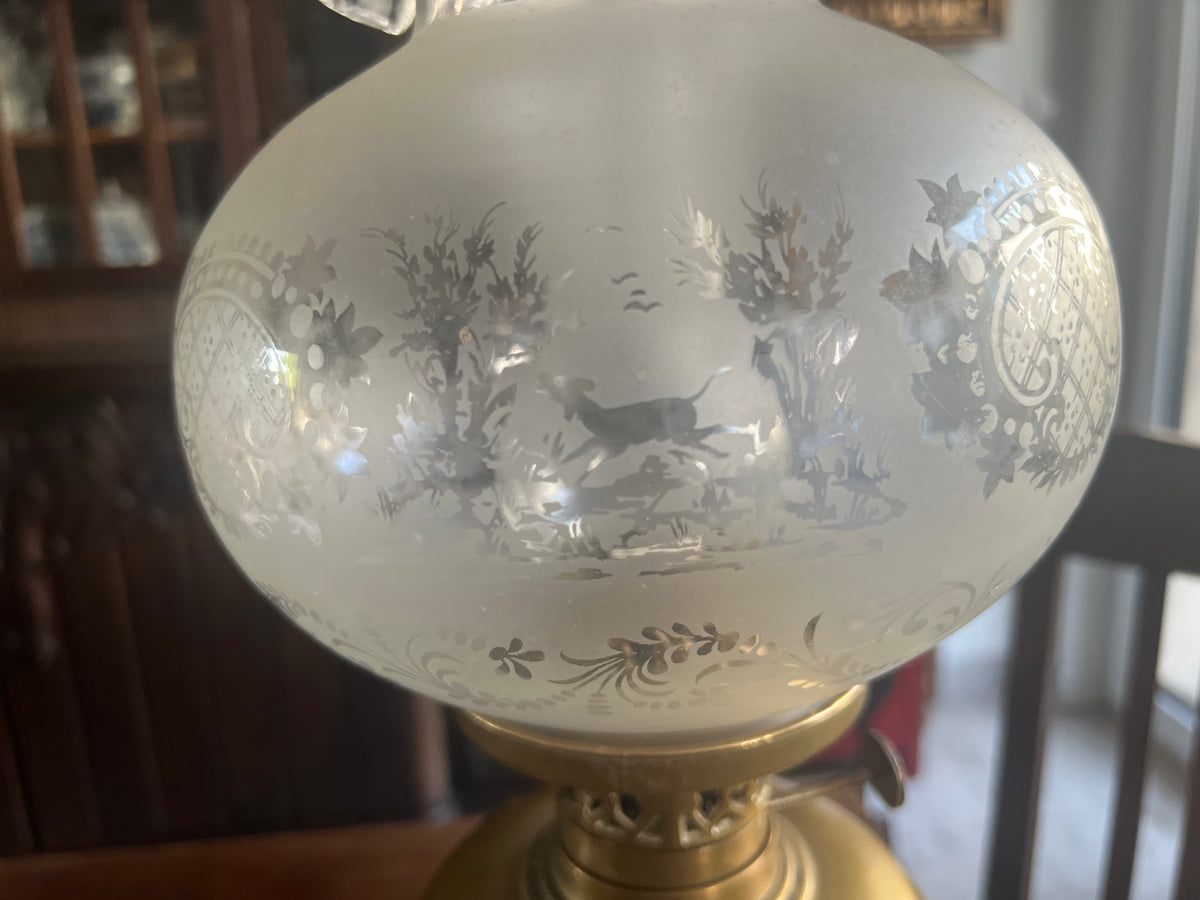 Lampa Naftowa EMPIRE XIXw Klosz MYŚLIWSKI Jeleń Pies 100% Oryginał 58x20 cm