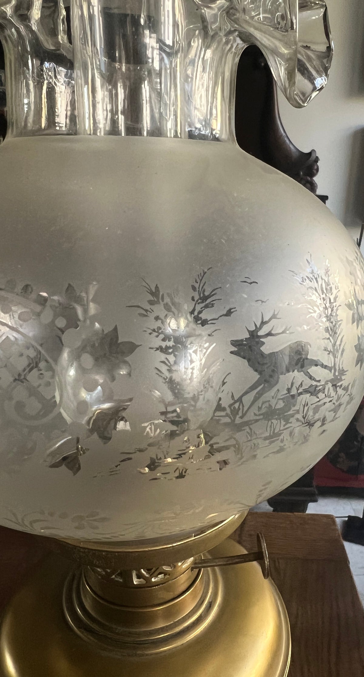 Lampa Naftowa EMPIRE XIXw Klosz MYŚLIWSKI Jeleń Pies 100% Oryginał 58x20 cm