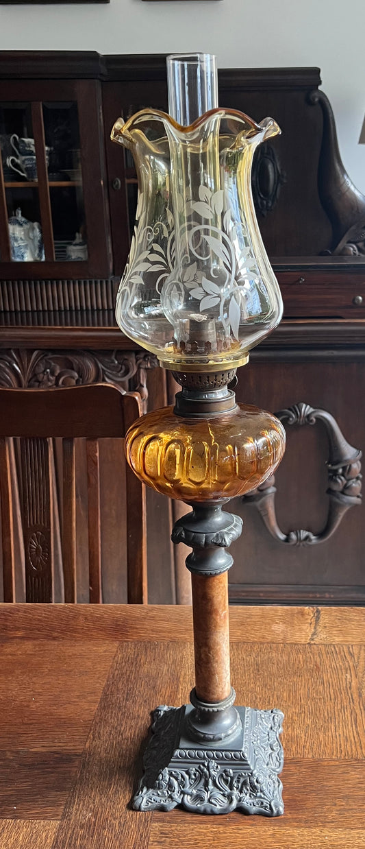 Lampa Naftowa, Kolumna Marmur/Cynkal, Sygnowana DEPOSE, Ok. 1900 r. 71 cm