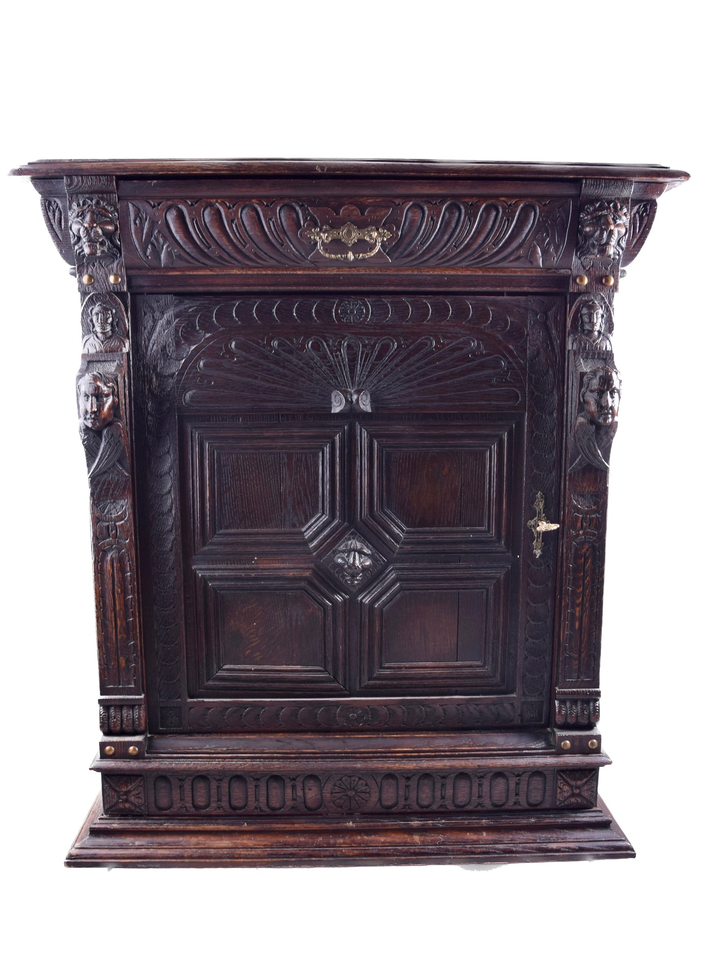Komoda szafka dębowa z bogatą snycerką i rzeźbami, XIX/XX w 105x91x50cm