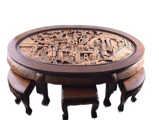 Rzeźbiony stół orientalny z szybą + 6 wsuwanych taboretów 130x80x48 cm