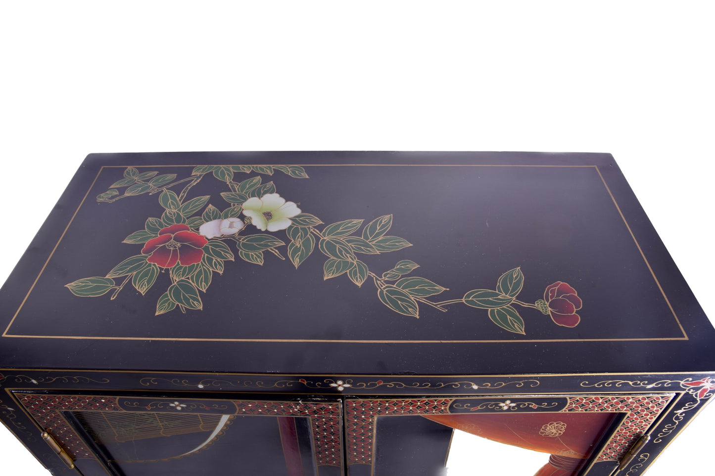 Chińska szafka lakierowana z intarsją ręcznie zdobiona lata 70–80 102x66x32