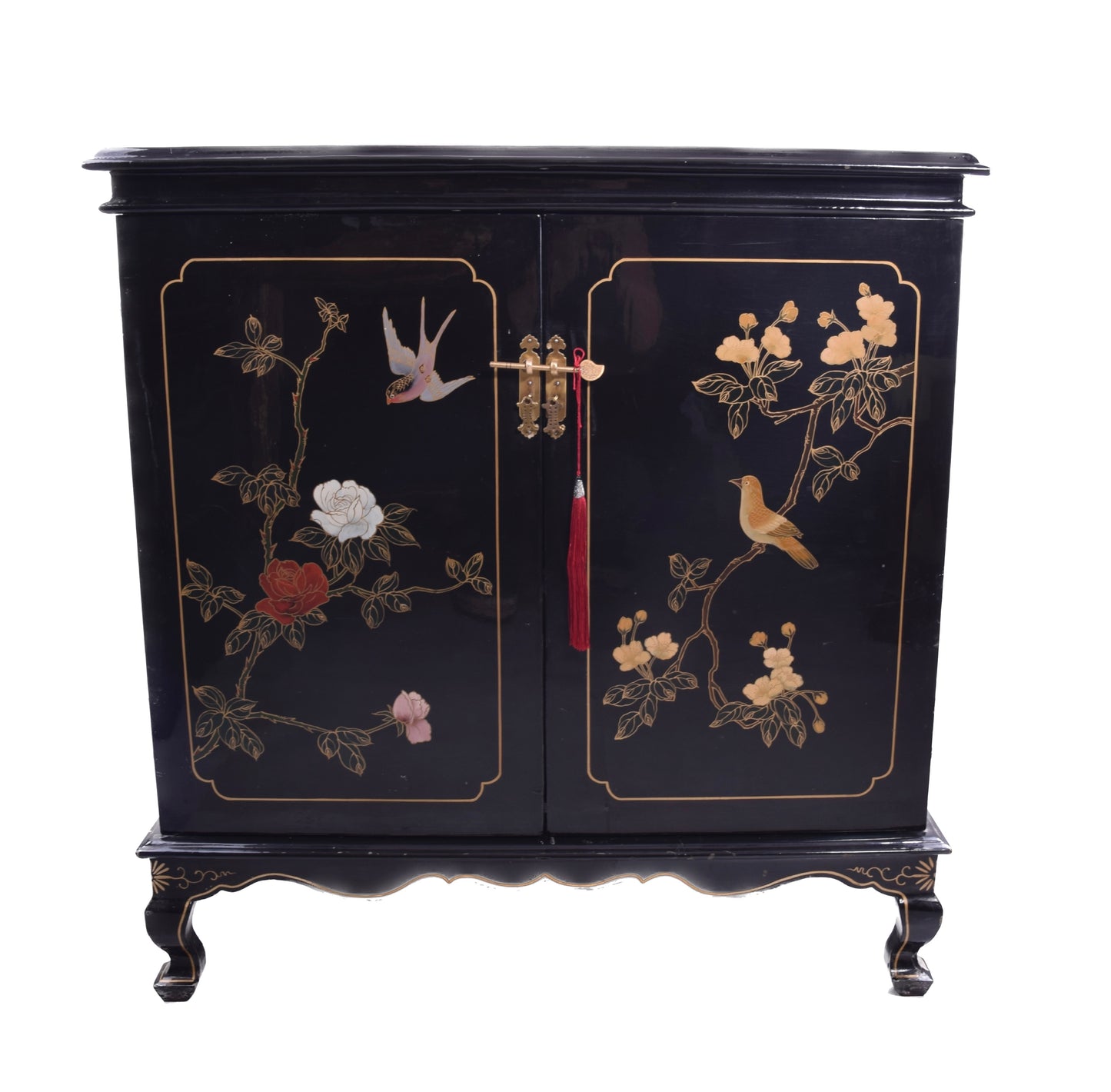 Chińska lakierowana komoda z motywem ptaków i kwiatów, lata 70.–80. 86x90cm