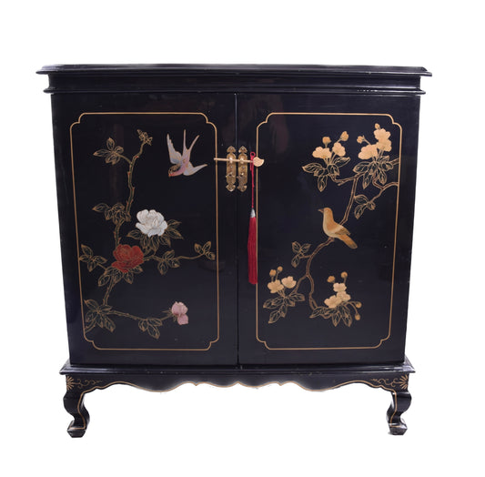 Chińska lakierowana komoda z motywem ptaków i kwiatów, lata 70.–80. 86x90cm