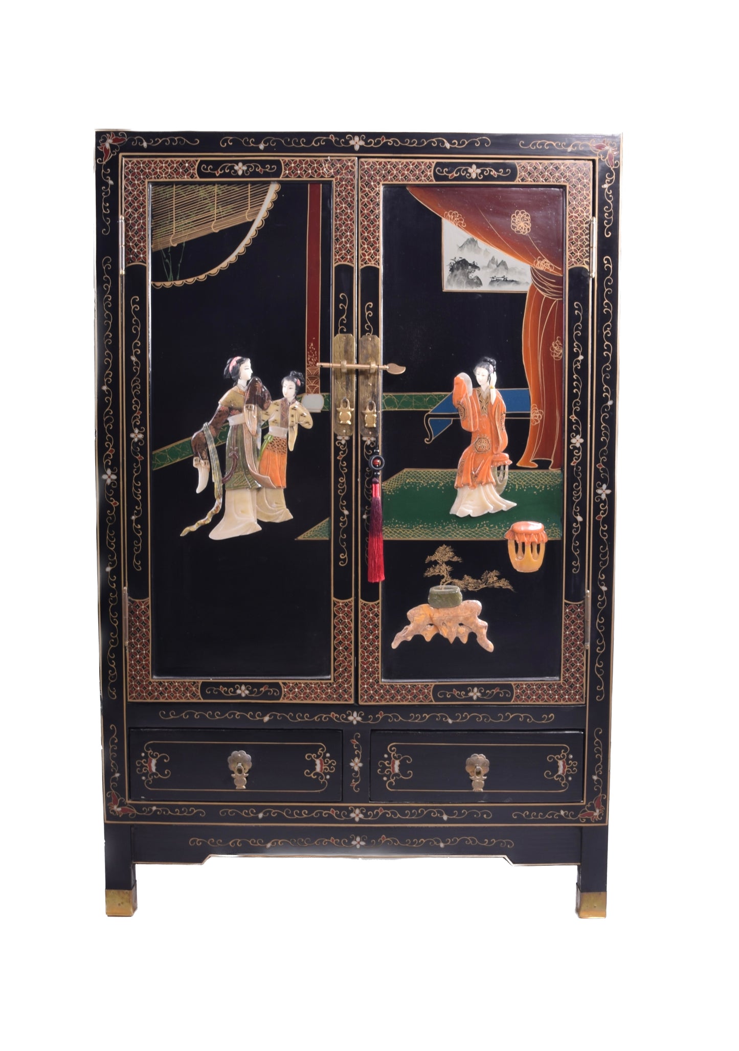 Chińska szafka lakierowana z intarsją ręcznie zdobiona lata 70–80 102x66x32