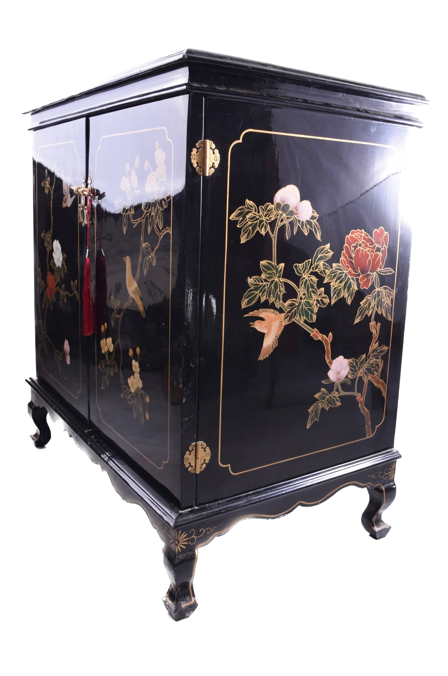 Chińska lakierowana komoda z motywem ptaków i kwiatów, lata 70.–80. 86x90cm