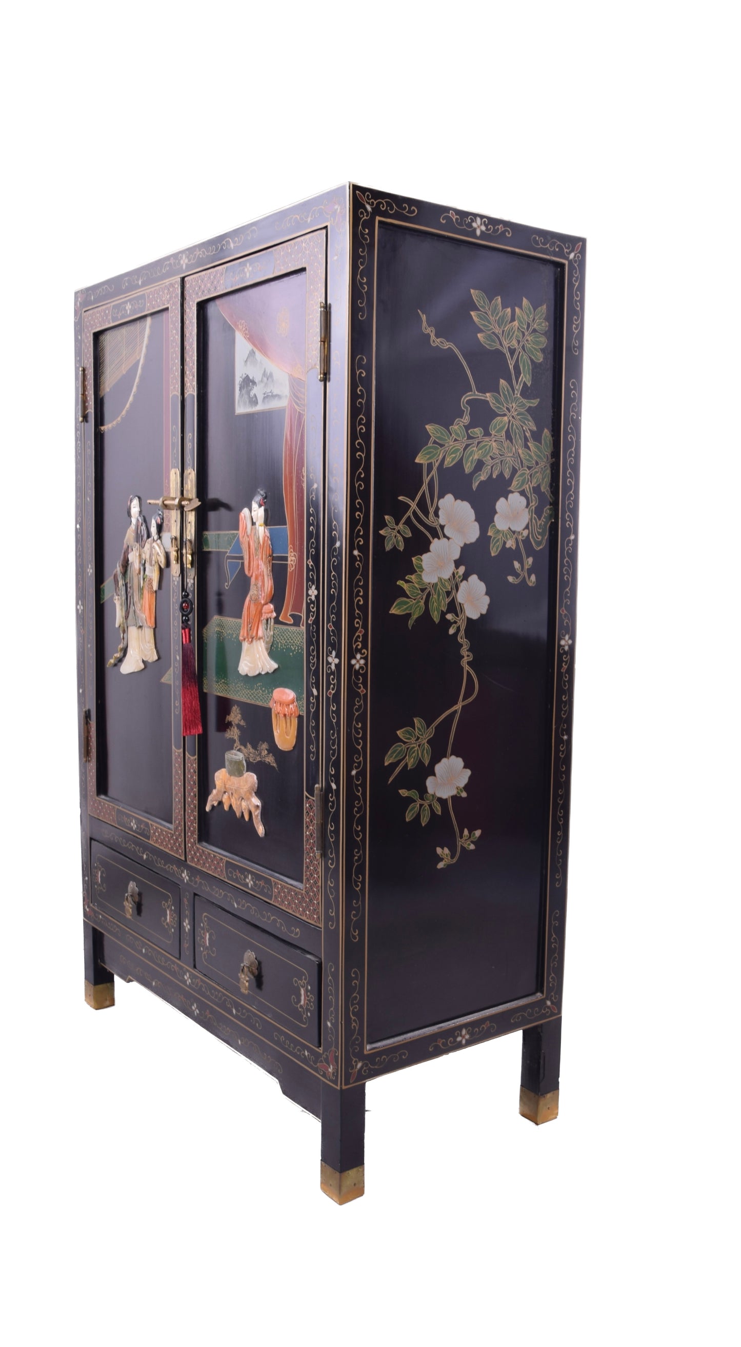 Chińska szafka lakierowana z intarsją ręcznie zdobiona lata 70–80 102x66x32