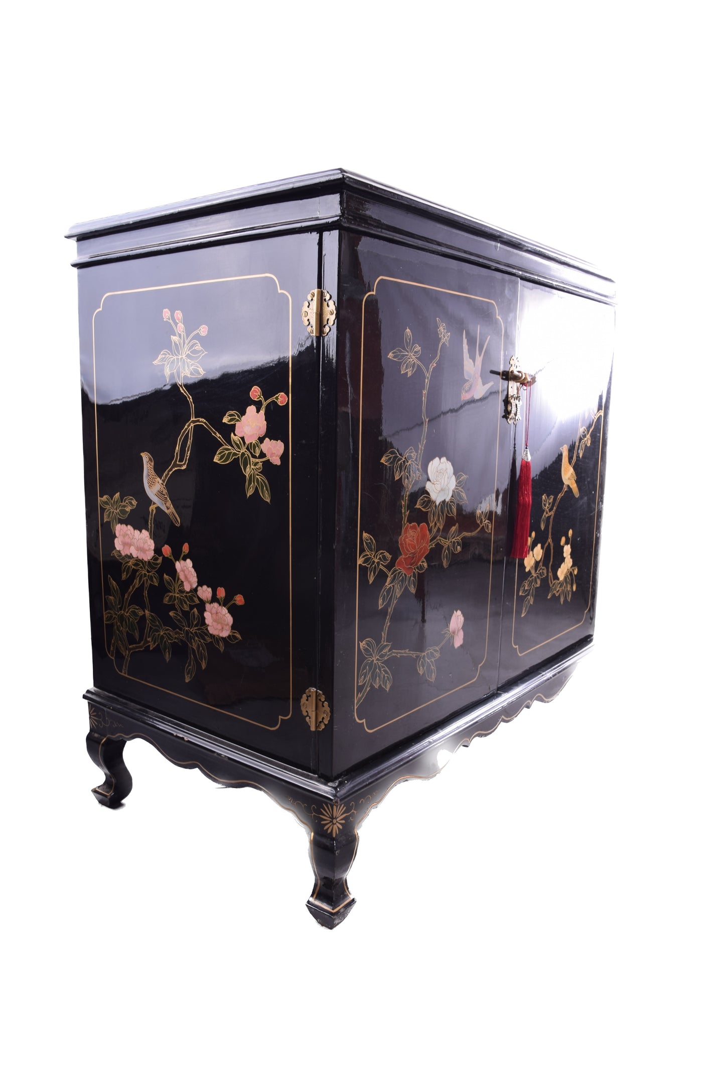 Chińska lakierowana komoda z motywem ptaków i kwiatów, lata 70.–80. 86x90cm