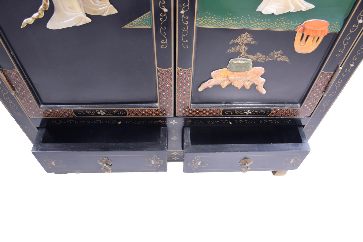 Chińska szafka lakierowana z intarsją ręcznie zdobiona lata 70–80 102x66x32