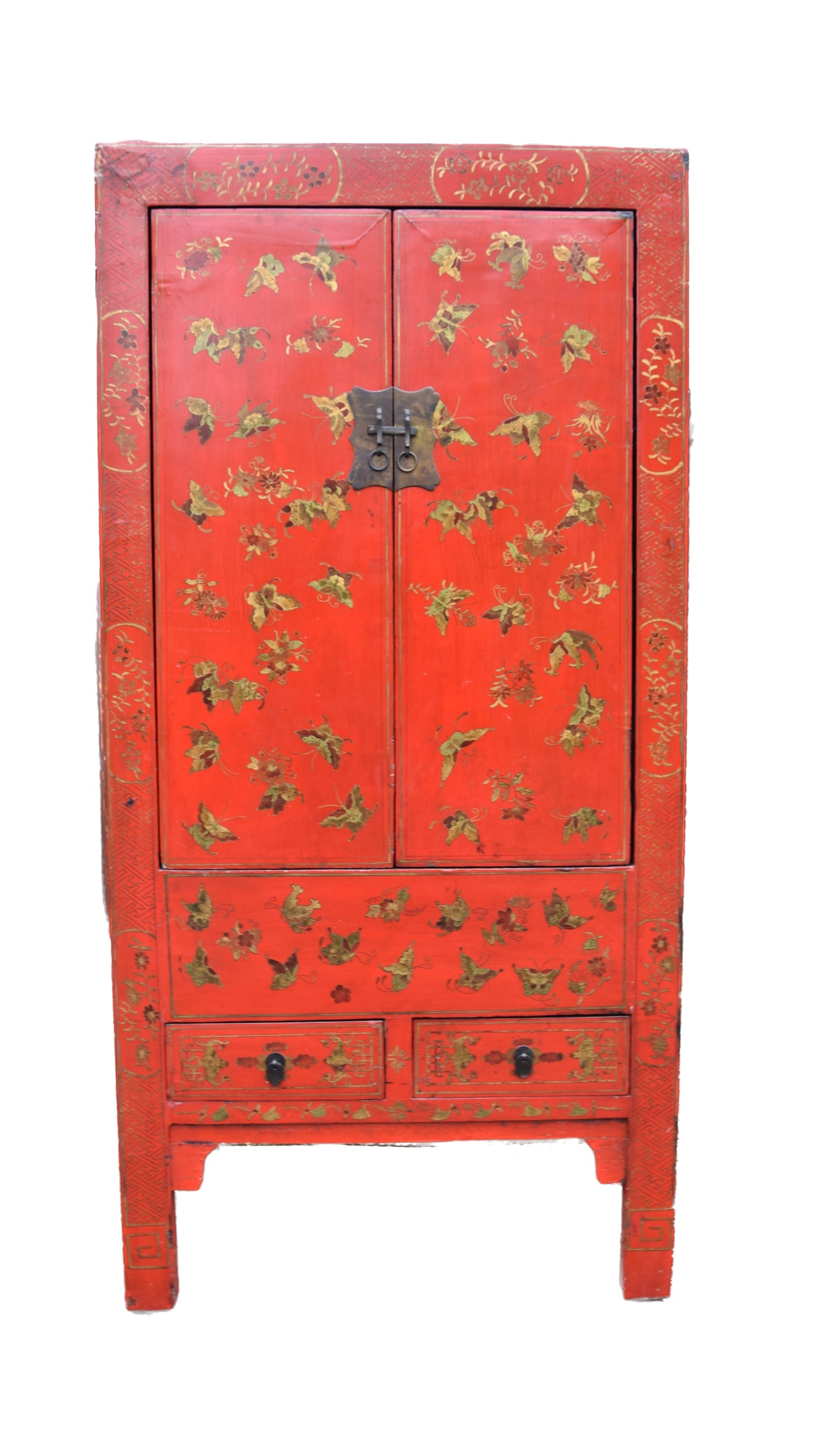 Chińska szafa czerwona malowana w złote motyle połowa XX w 174x85x54cm