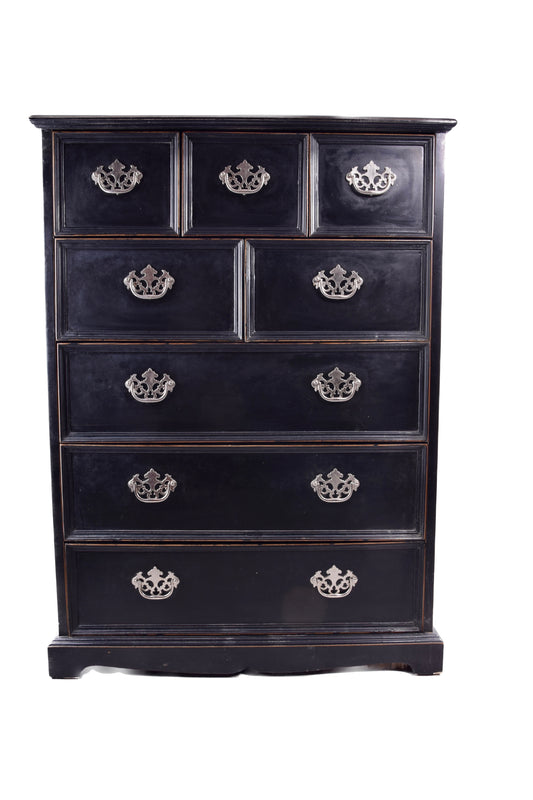 Angielska komoda typu Tallboy 8 szuflad czarna pojemna 128 × 87 × 48 cm