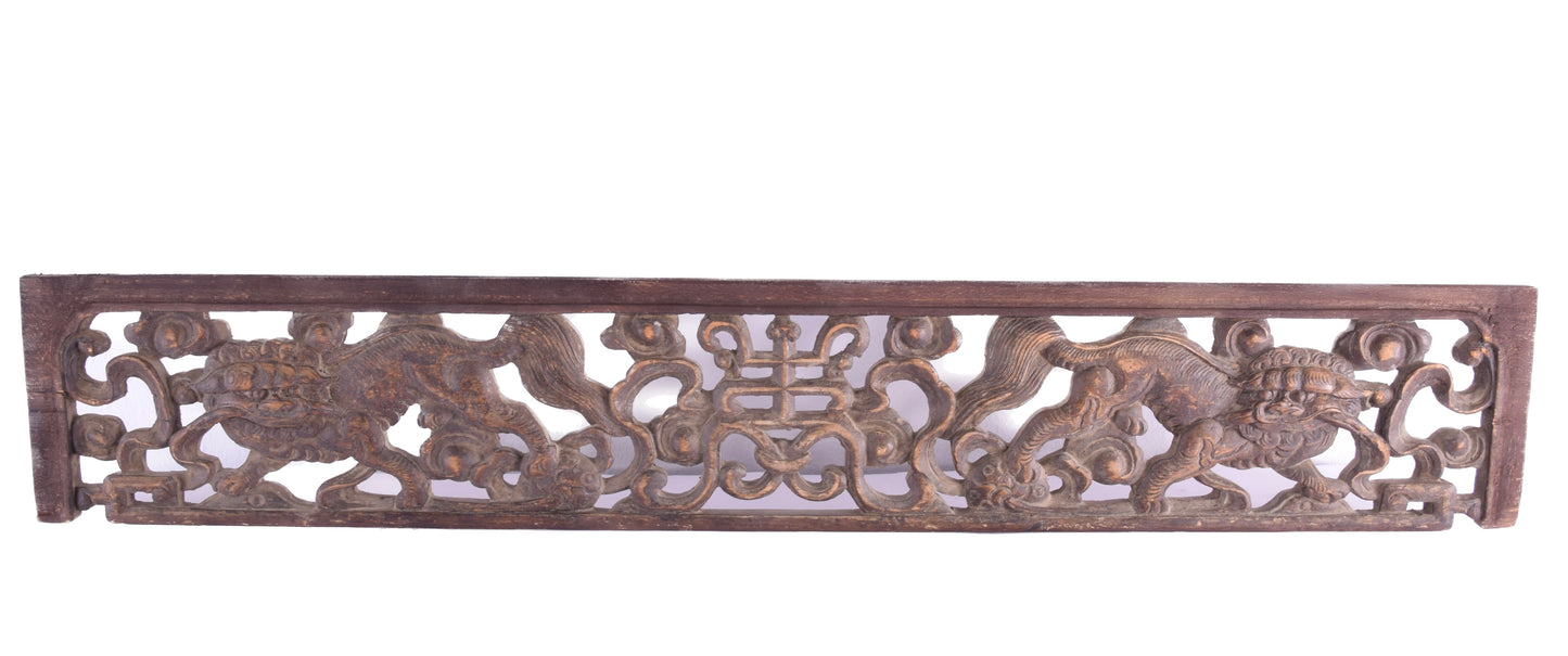 Chiński panel pełen symboliki z psami Foo i znakiem Shou 73 cm XIX/XXw