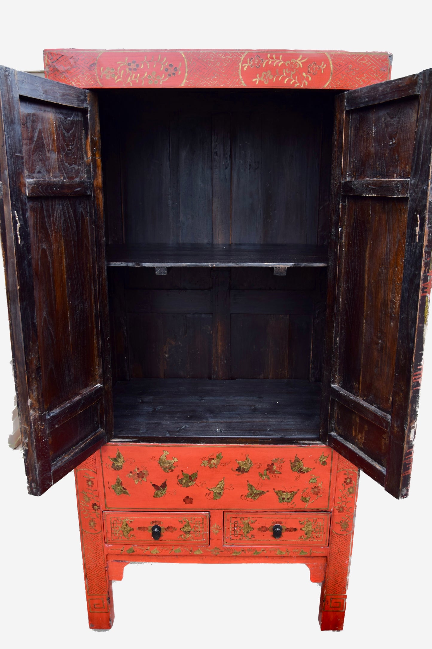 Chińska szafa czerwona malowana w złote motyle połowa XX w 174x85x54cm