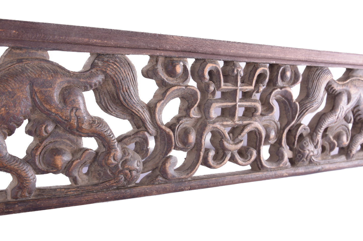 Chiński panel pełen symboliki z psami Foo i znakiem Shou 73 cm XIX/XXw