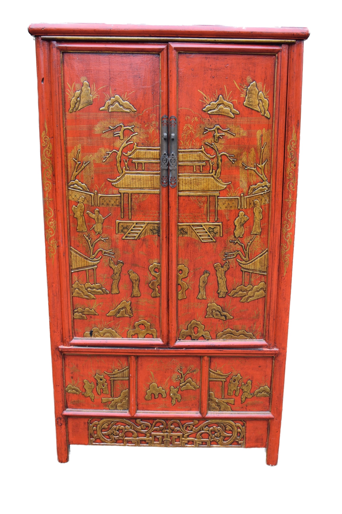 Chińska szafa czerwona z reliefami i przegrodami Shanxi XX w. 180x100x56cm
