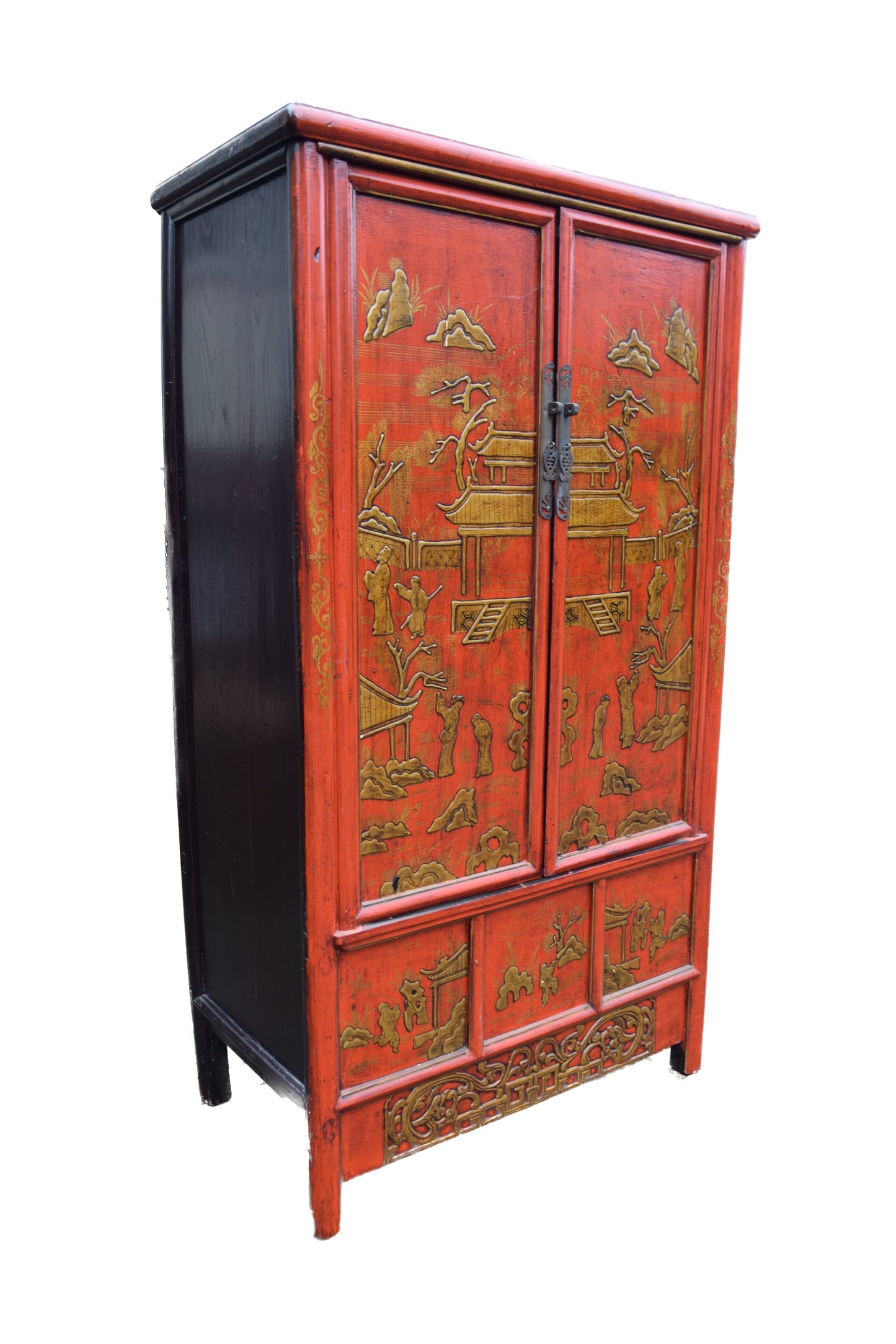 Chińska szafa czerwona z reliefami i przegrodami Shanxi XX w. 180x100x56cm