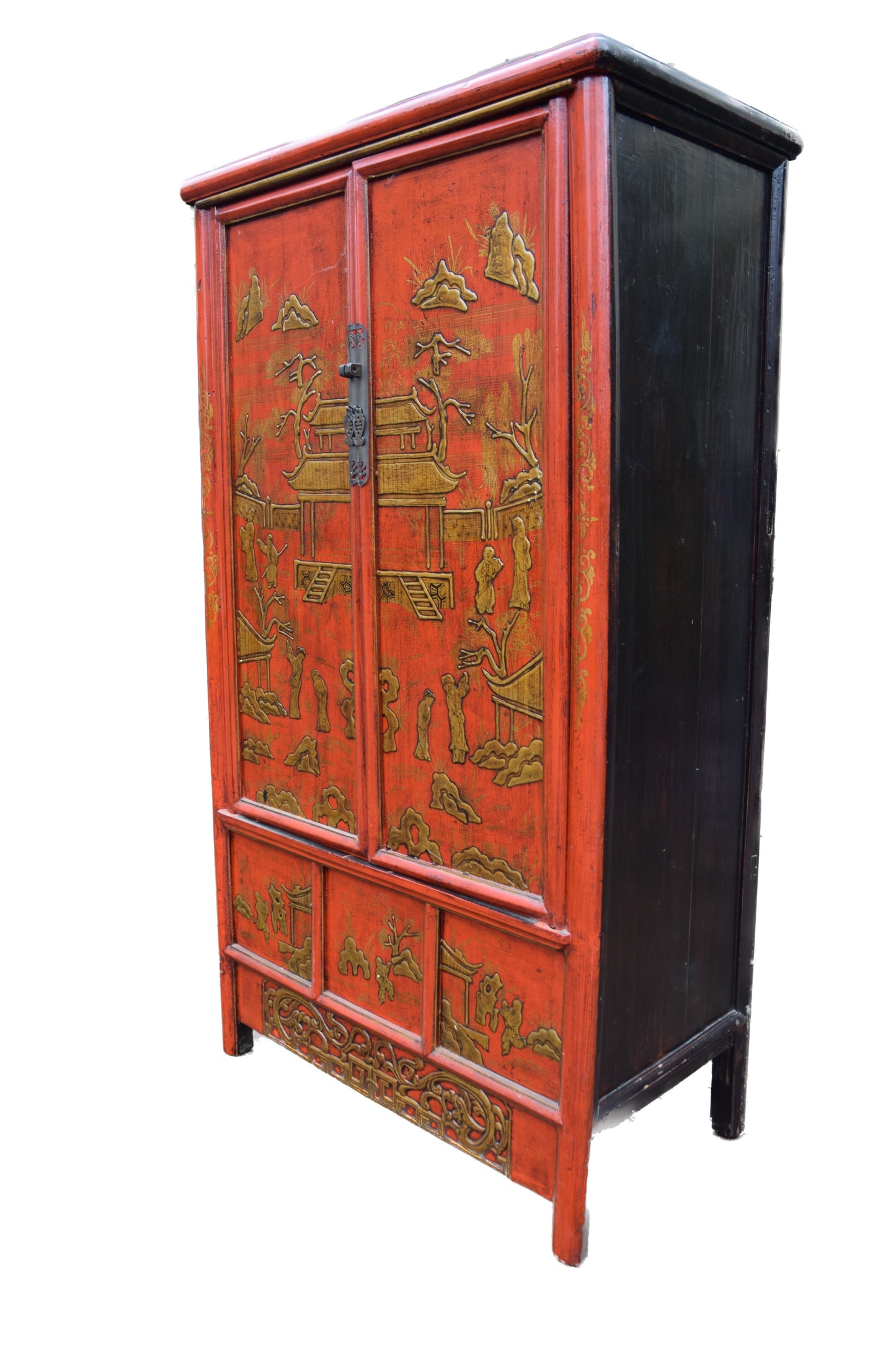 Chińska szafa czerwona z reliefami i przegrodami Shanxi XX w. 180x100x56cm