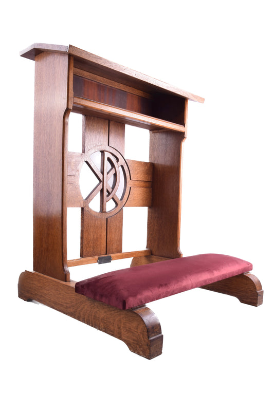 Klęcznik dębowy 1953r Belgia Chi Rho z tabliczką fundacyjną 84x65x65cm