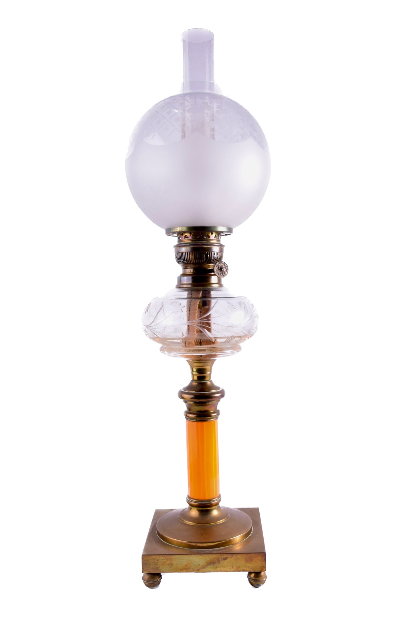 Kolekcjonerska lampa naftowa z elementami secesji i szklaną nogą 60cm