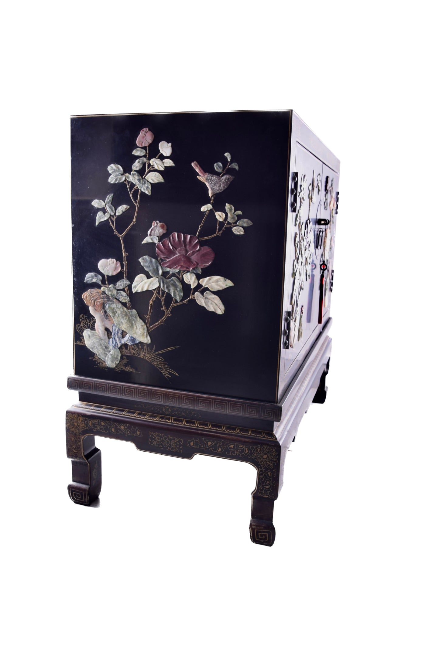 Chińska Komoda zdobiona kamieniami w ptaki i kwiaty czarna 92x84x44cm