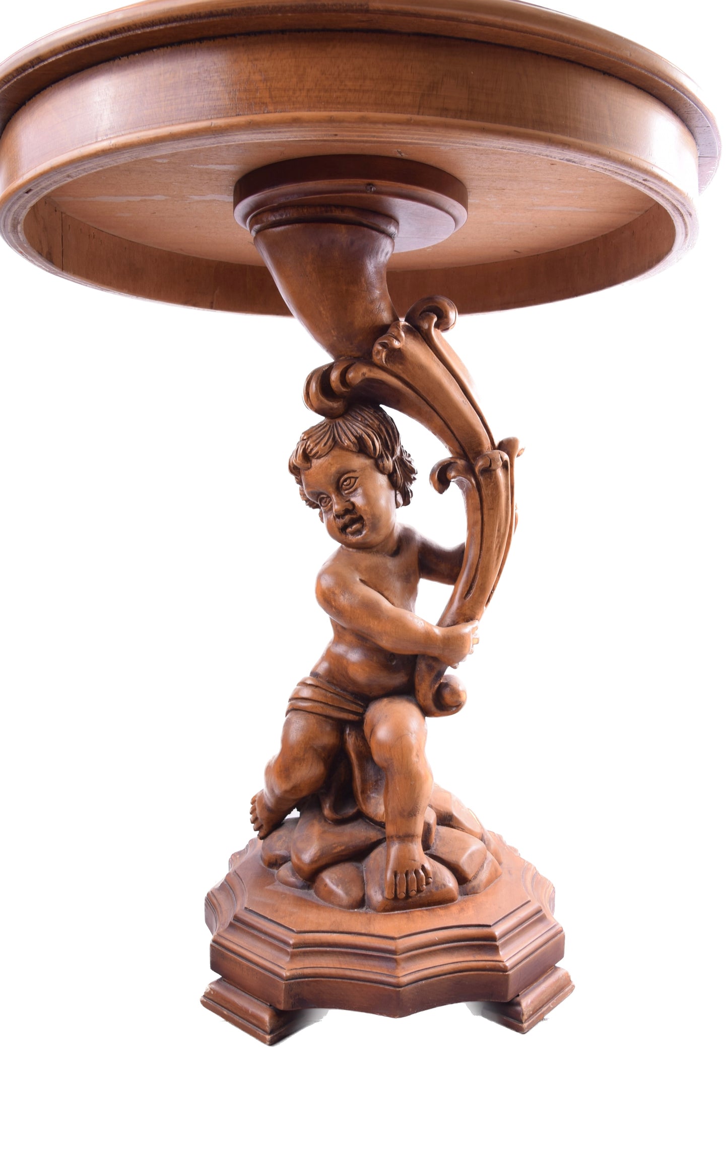 Okolicznościowy Stolik z Rzeźbionym Aniołem Putto II poł XX w 56x65 cm