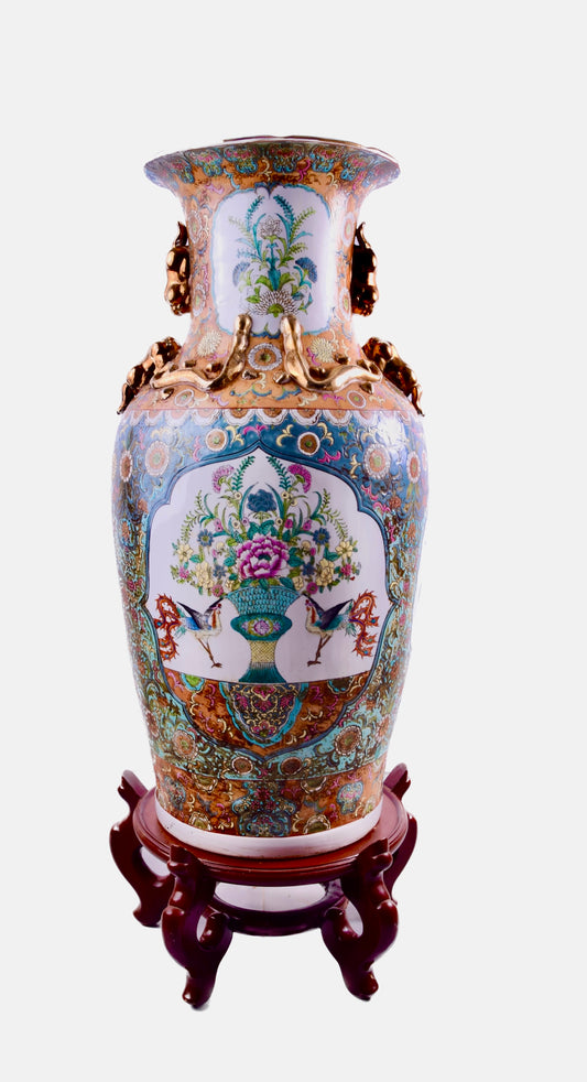 Sztuka Chin duży wazon z ptakami kwiatami na podstawie XXw 104x40 (84x40)cm