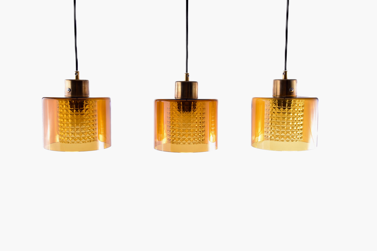 Lampa wisząca kpl 3 szt szkło miodowe kryształowy wkład lata 60/70 15x18 cm