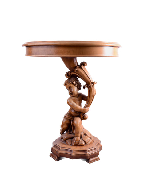 Okolicznościowy Stolik z Rzeźbionym Aniołem Putto II poł XX w 56x65 cm