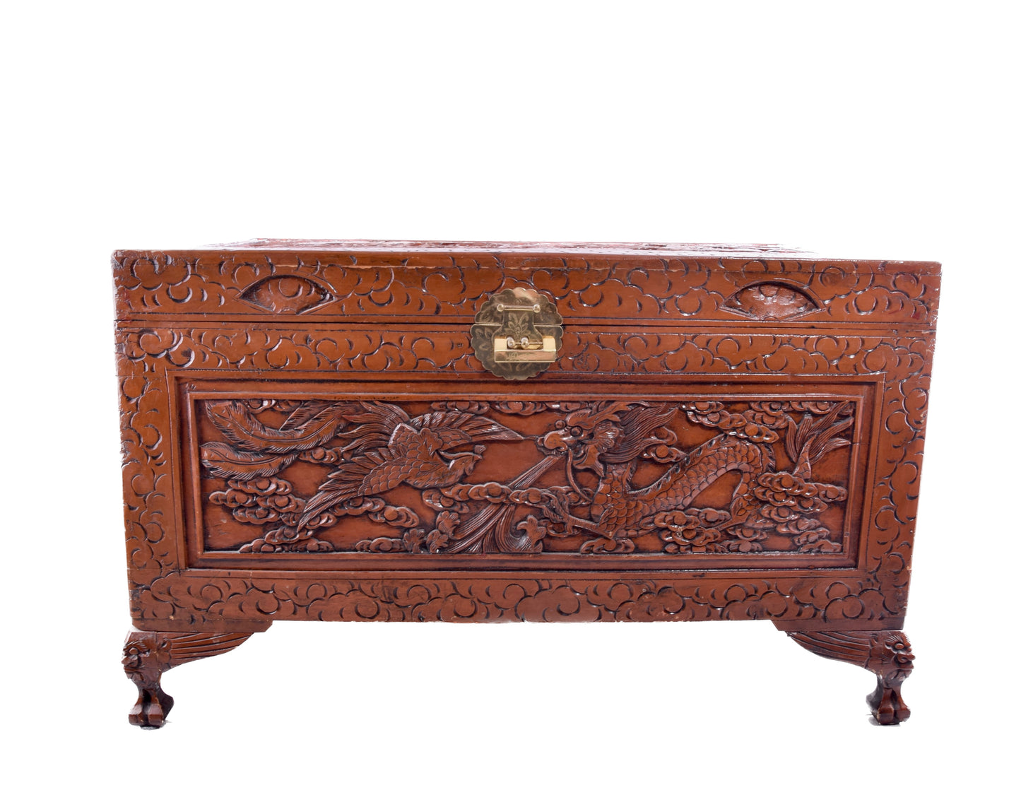 Sztuka Chin rzeźbiona duża skrzynia ze smokiem i feniksem kamfora 102x62x52