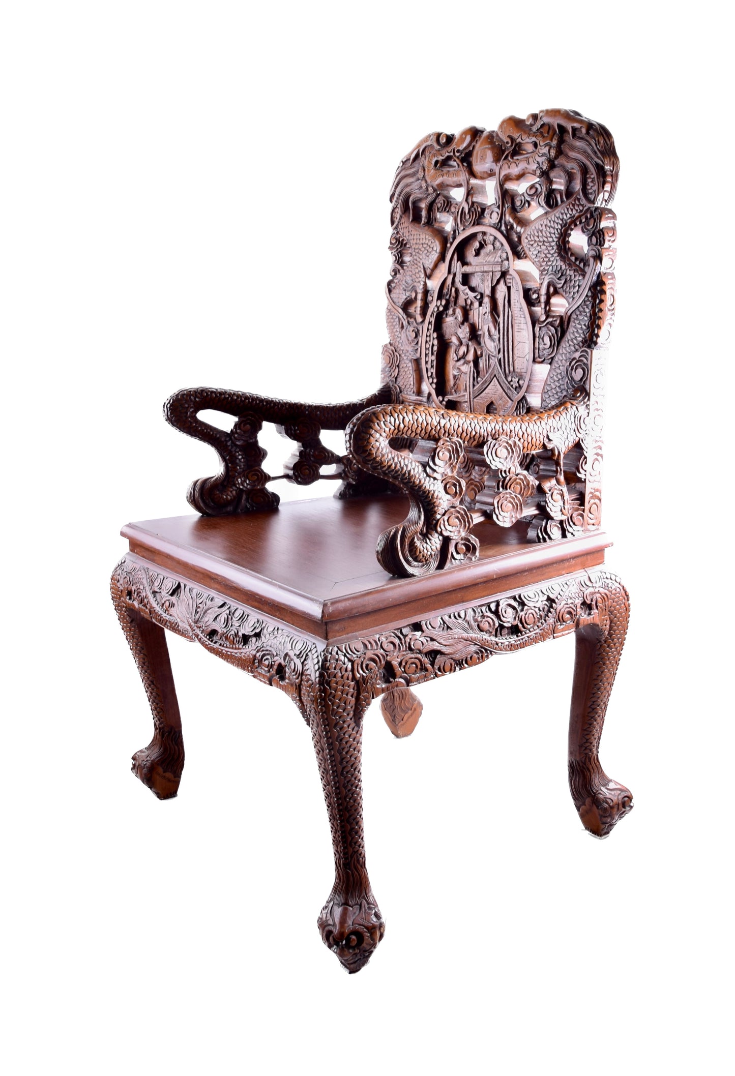 Para chińskich rzeźbionych foteli w smoki styl Qing IIpoł XX w 107x65x55 cm