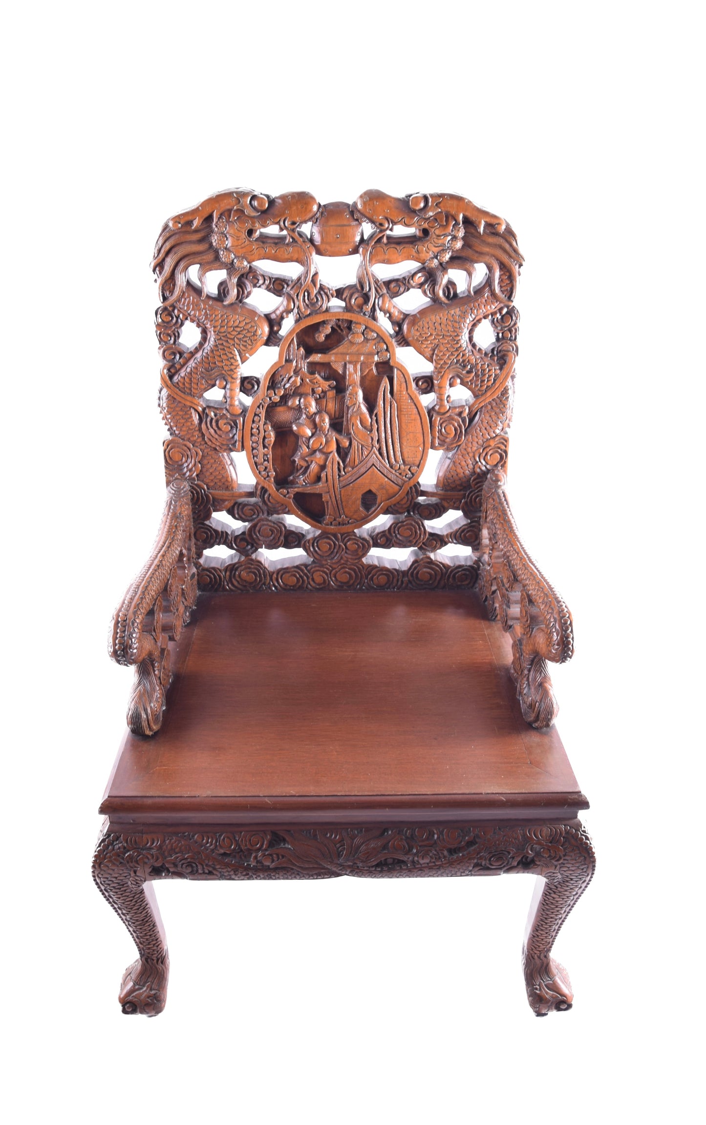 Para chińskich rzeźbionych foteli w smoki styl Qing IIpoł XX w 107x65x55 cm