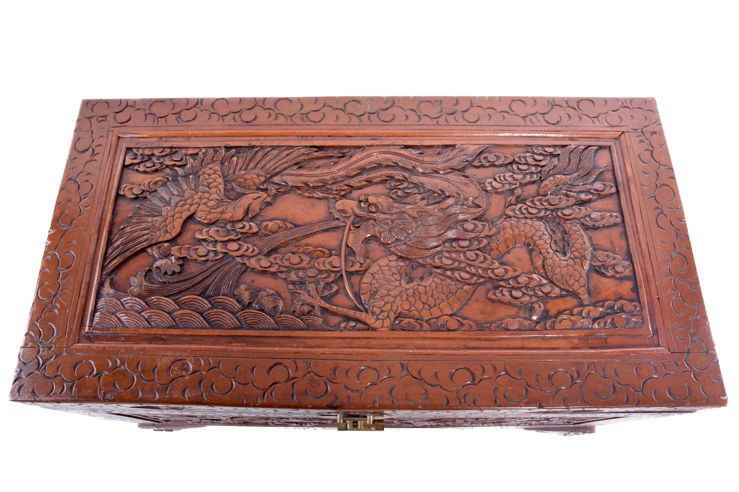 Sztuka Chin rzeźbiona duża skrzynia ze smokiem i feniksem kamfora 102x62x52