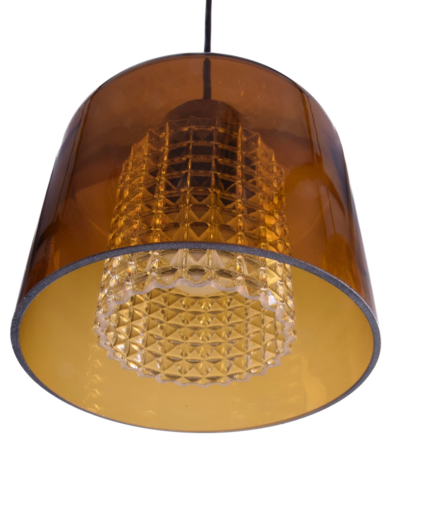 Lampa wisząca kpl 3 szt szkło miodowe kryształowy wkład lata 60/70 15x18 cm