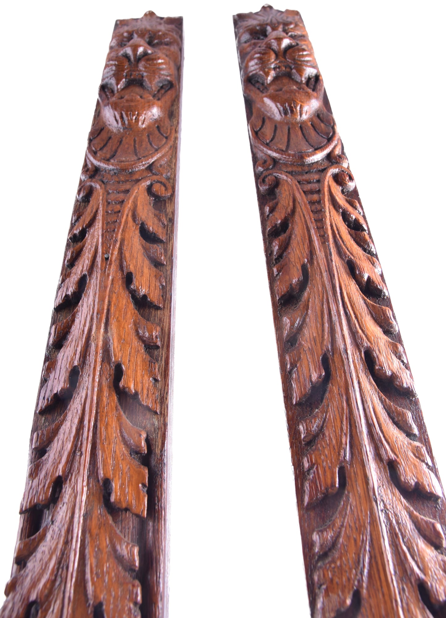 Rzeźbione elementy dąb głowy lwów snycerka XIX/XX komplet 3 szt. 132x7x5cm