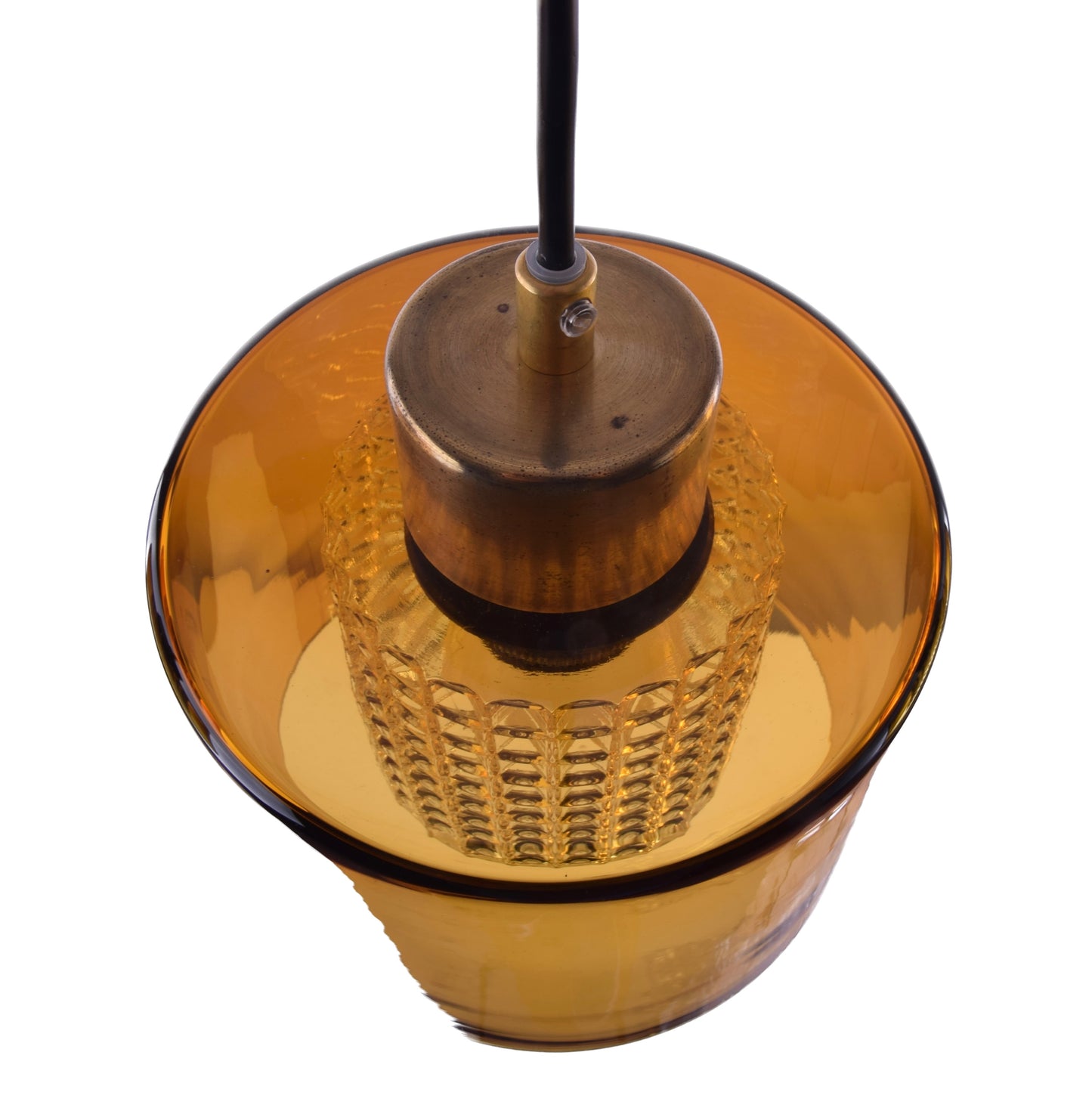 Lampa wisząca kpl 3 szt szkło miodowe kryształowy wkład lata 60/70 15x18 cm
