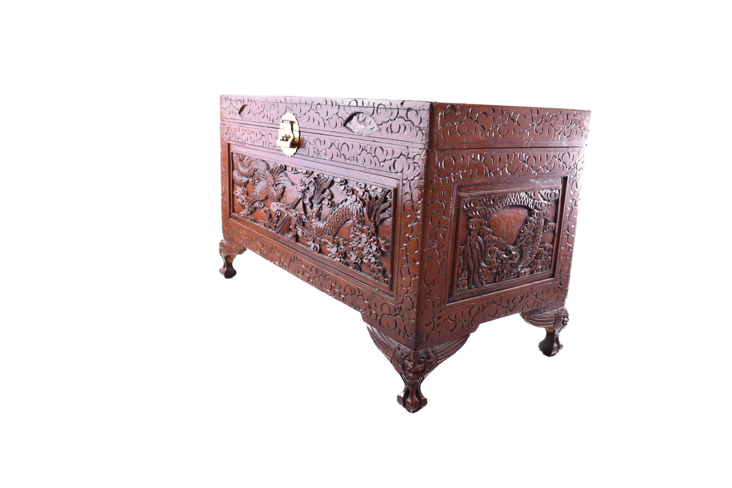 Sztuka Chin rzeźbiona duża skrzynia ze smokiem i feniksem kamfora 102x62x52