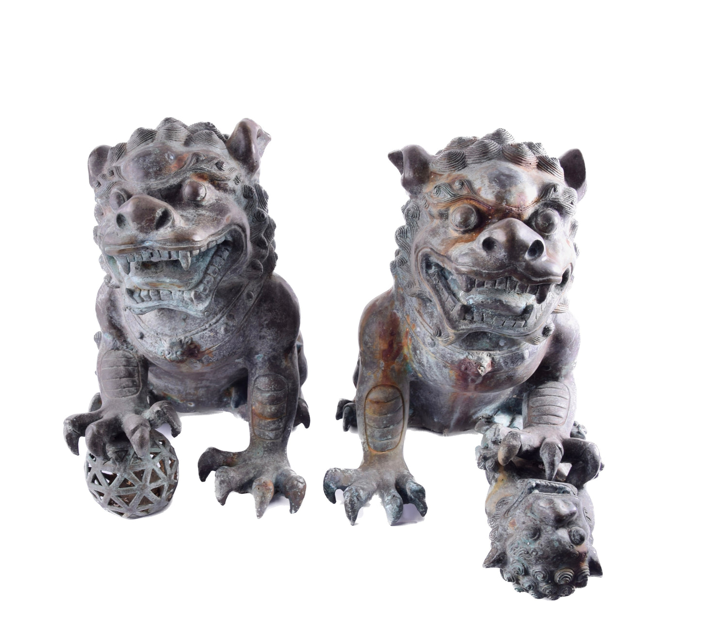 Monumentalne psy Foo brąz – Chiny dynastia Qing XIX / XX w 48x55x30 cm