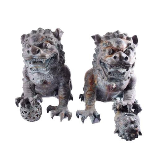 Monumentalne psy Foo brąz – Chiny dynastia Qing XIX / XX w 48x55x30 cm