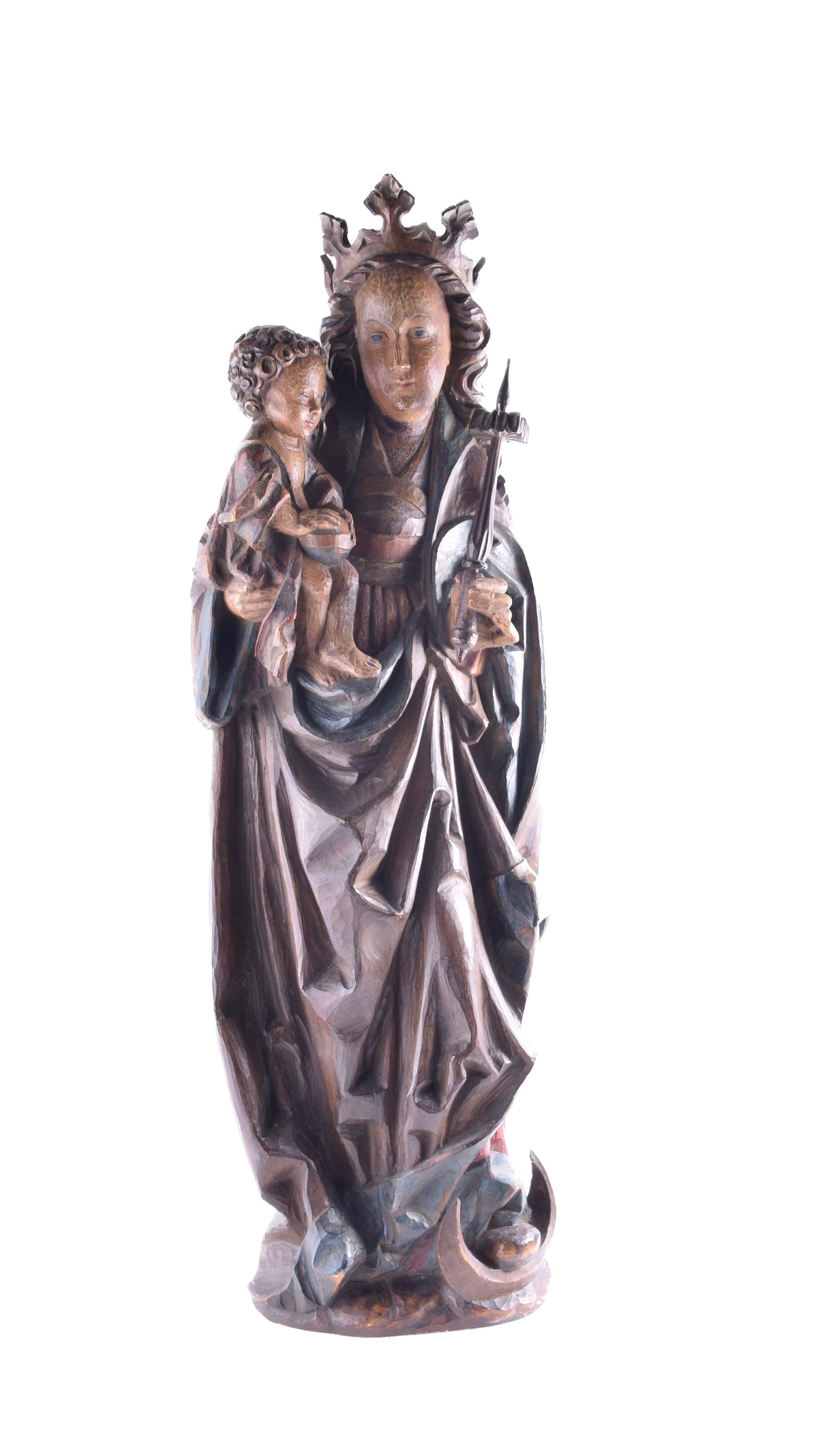 Madonna z dzieckiem drewniana rzeźba wisząca Dufner II poł XX w. 73x20cm
