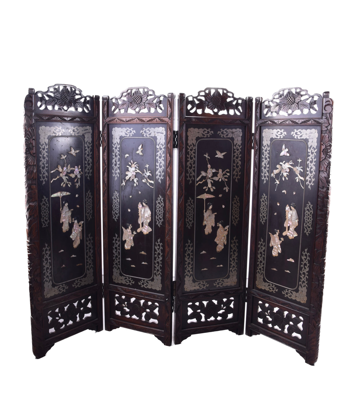 Orientalny bogato zdobiony niski parawan z gejszami 1960-80r 93x120x3 cm