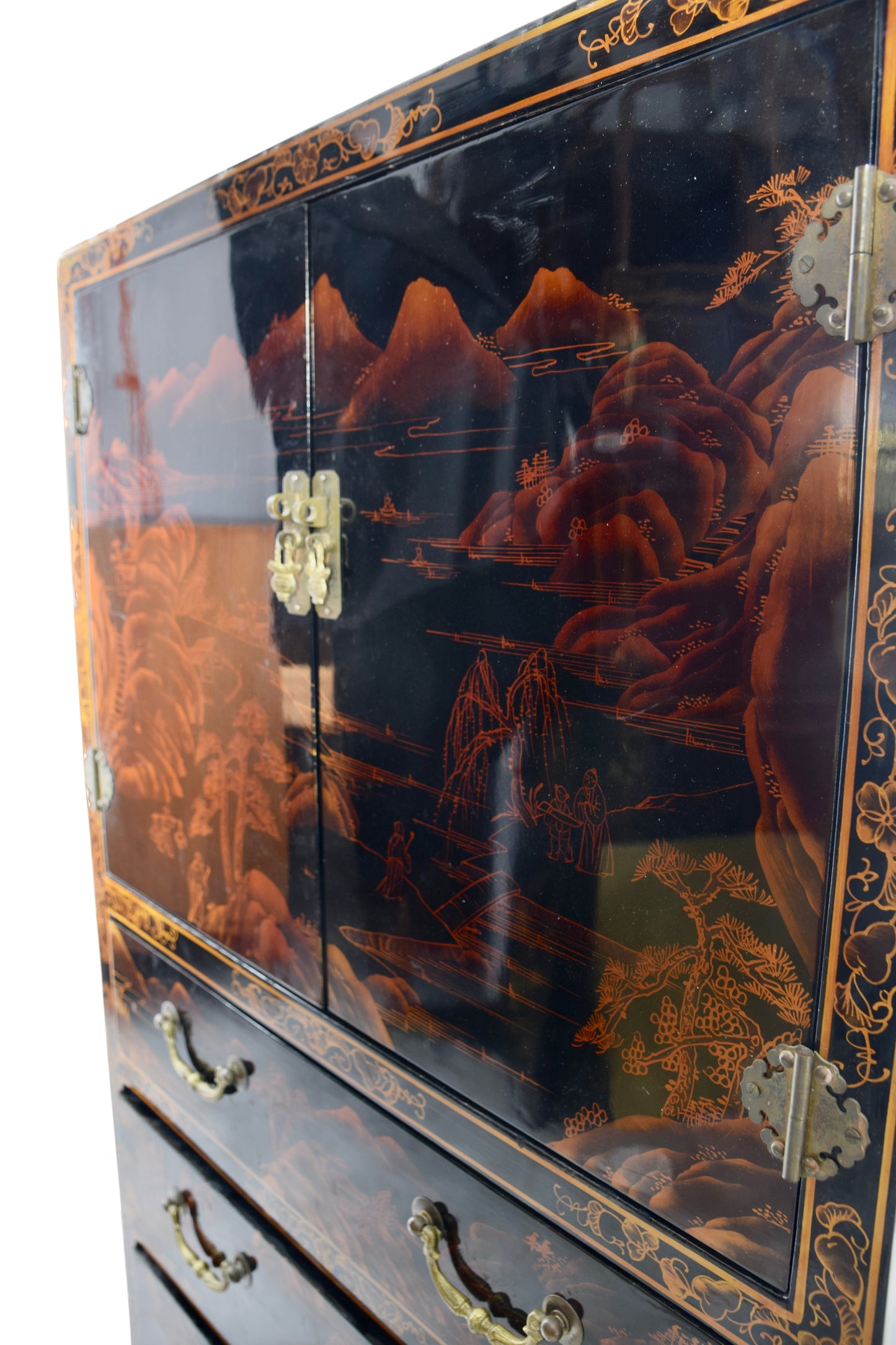Sztuka Chin malowana komoda 4 szuflady i drzwiczki zgrabna 126x67x34 cm