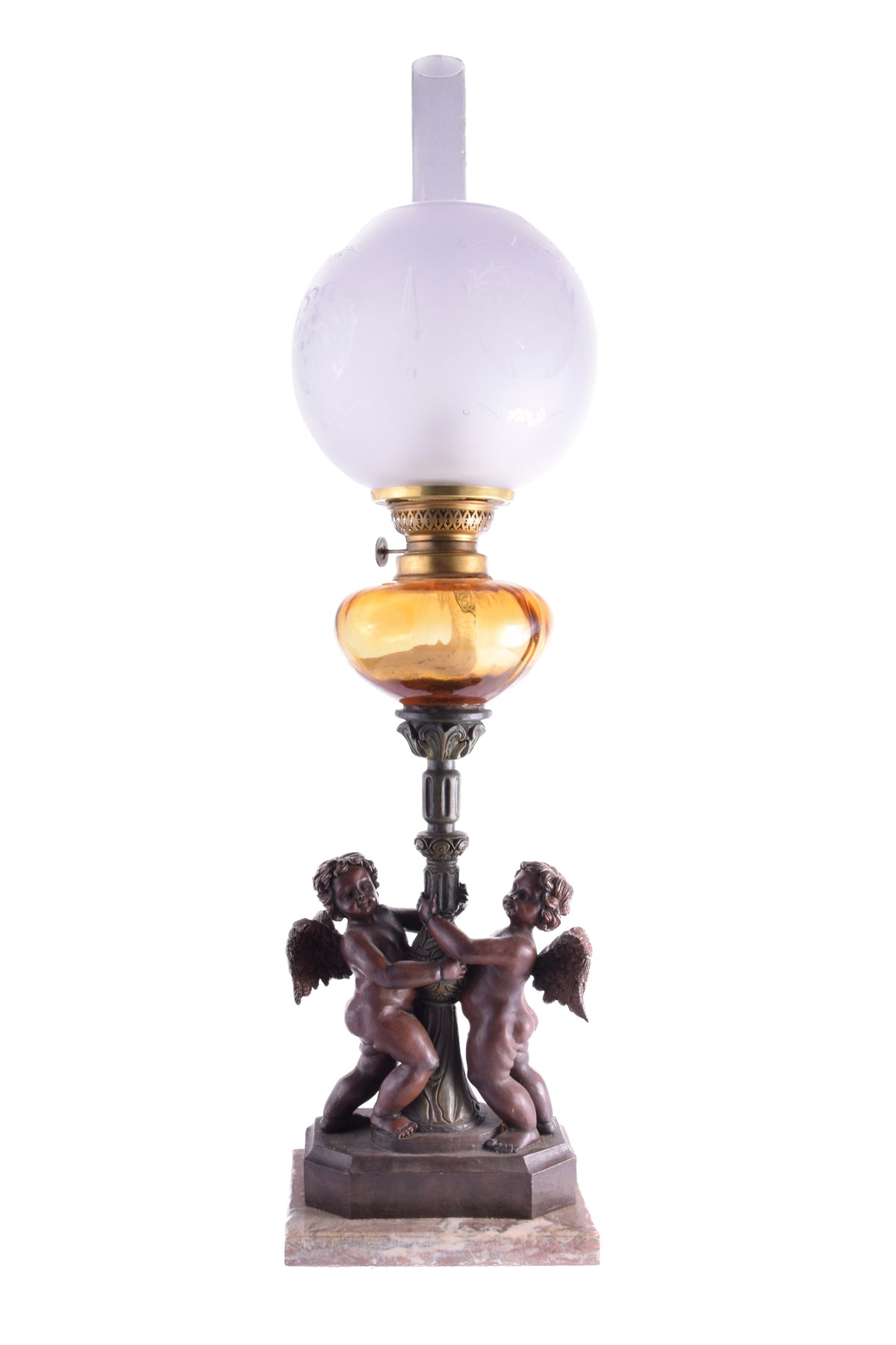 Lampa naftowa z aniołami początek XX wieku 71 cm