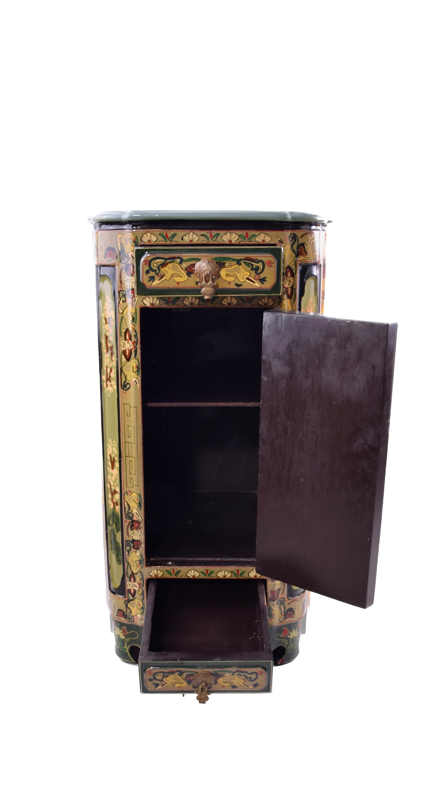 Komoda chińska słupek bogato zdobiona II poł XX wieku 71x35x35 cm