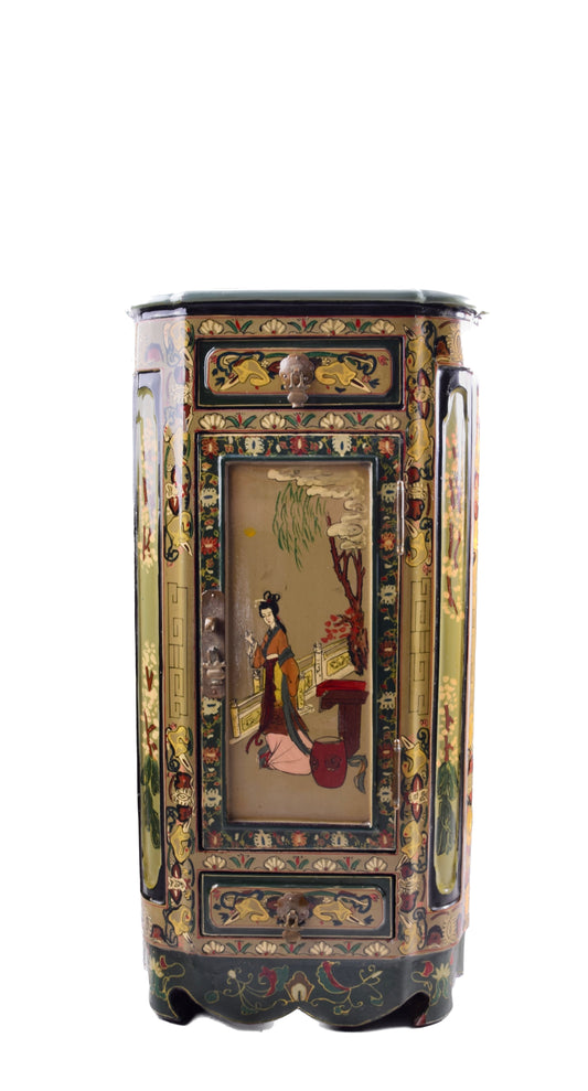 Komoda chińska słupek bogato zdobiona II poł XX wieku 71x35x35 cm