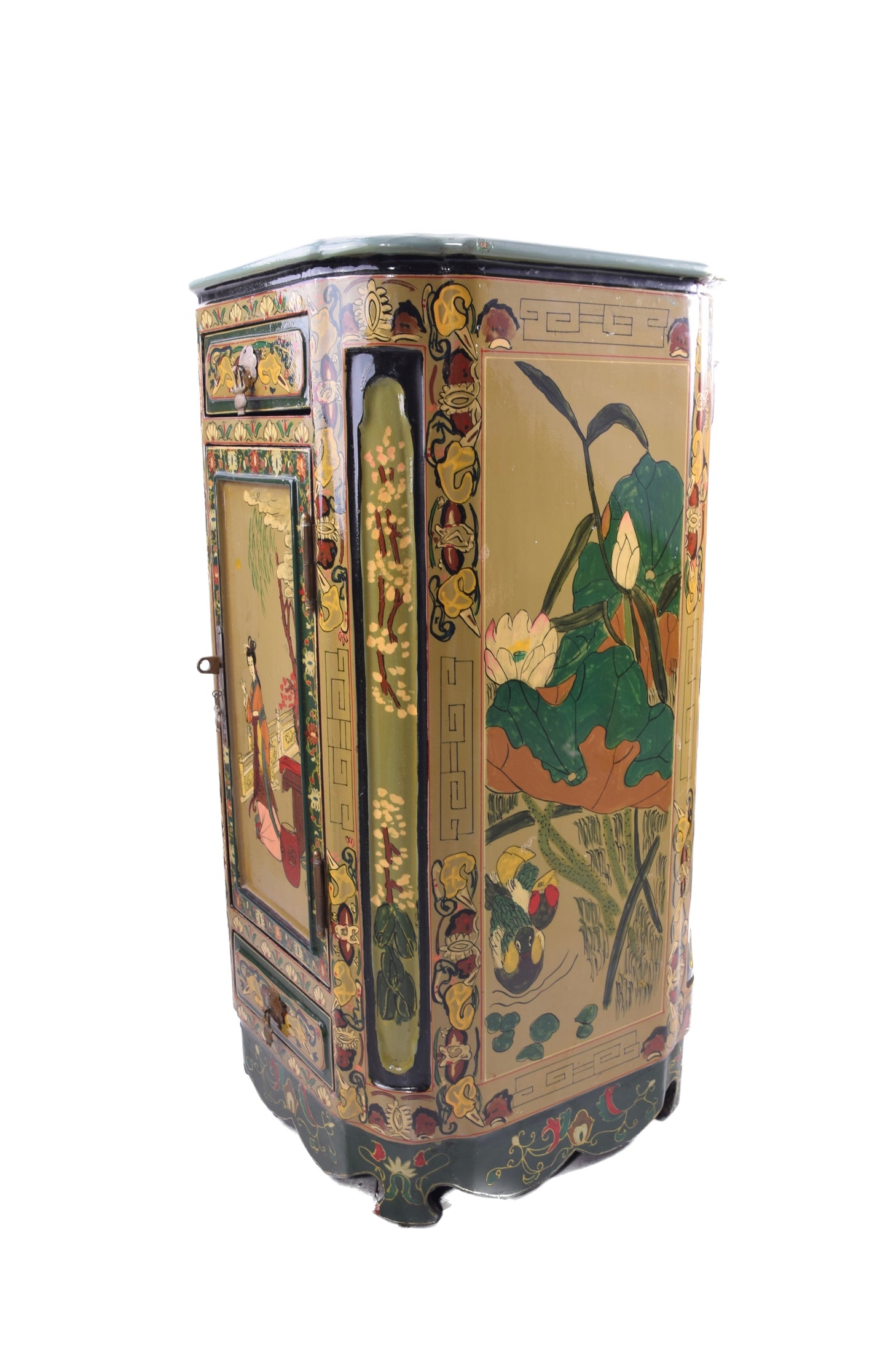 Komoda chińska słupek bogato zdobiona II poł XX wieku 71x35x35 cm